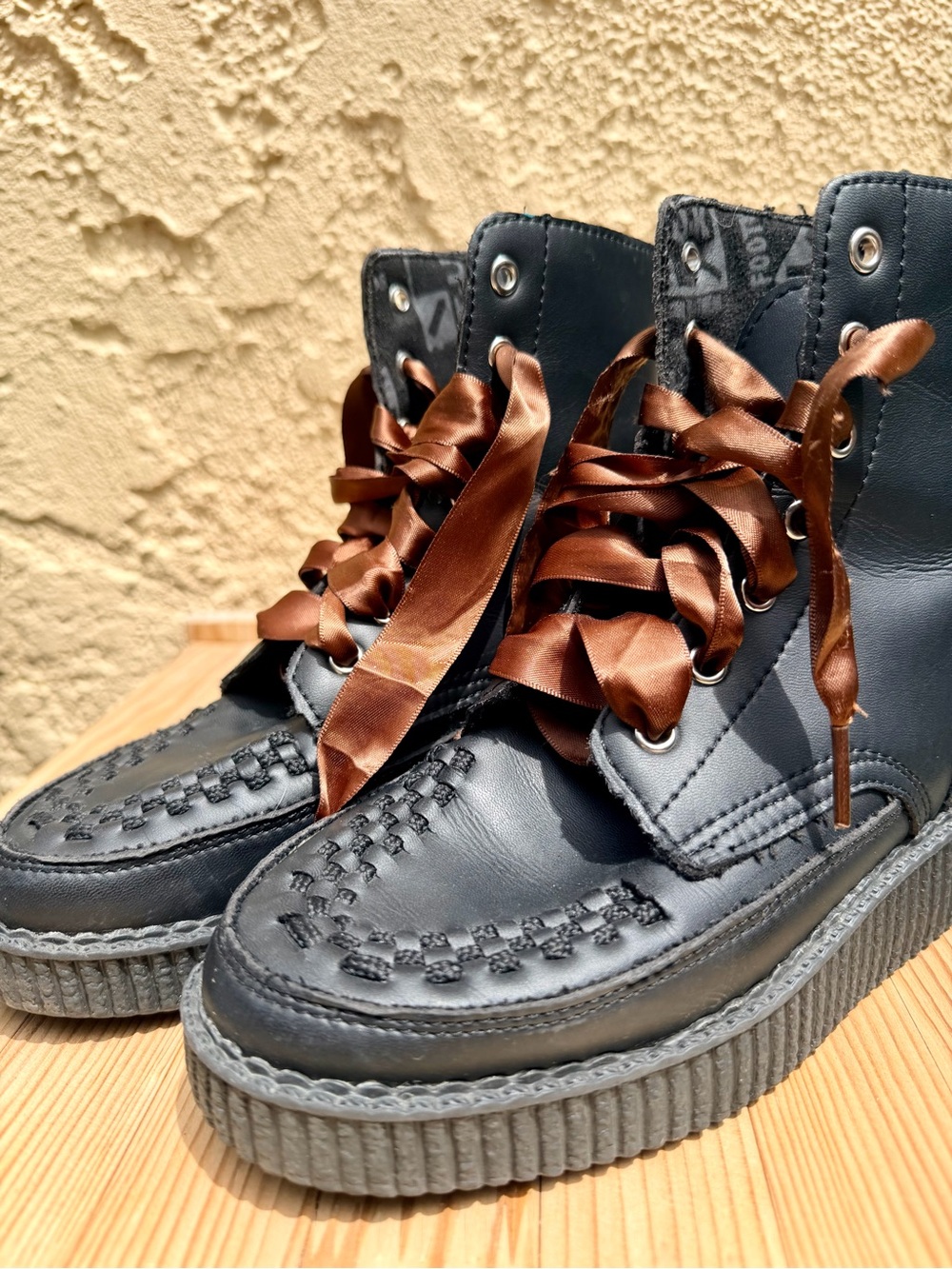 T.U.K Black Leather Platform Ankle Boots with Brown Satin Laces